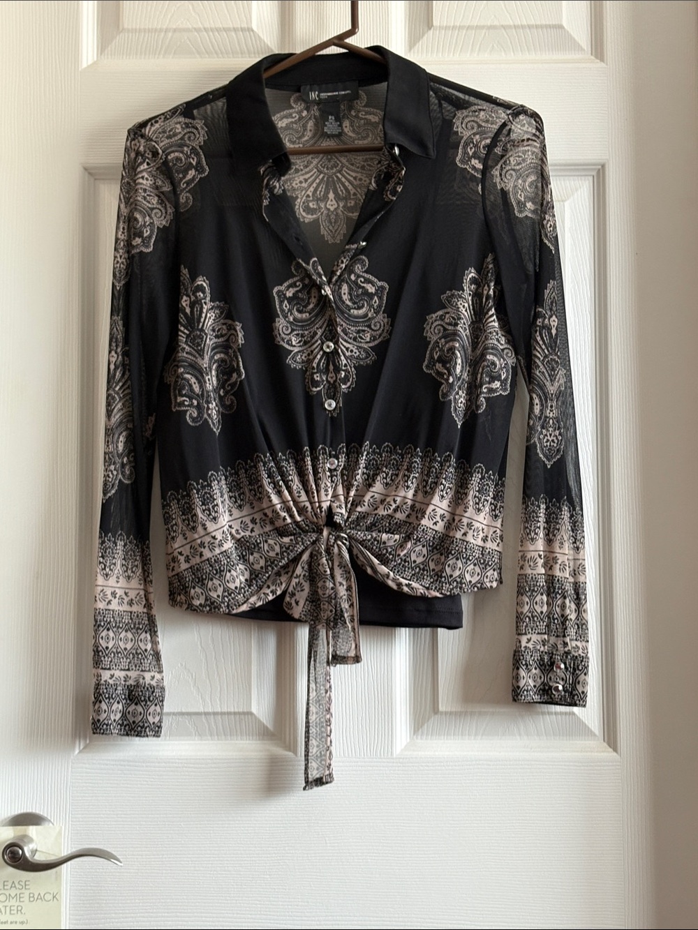 INC International Concepts Black Paisley Tie-Front Blouse